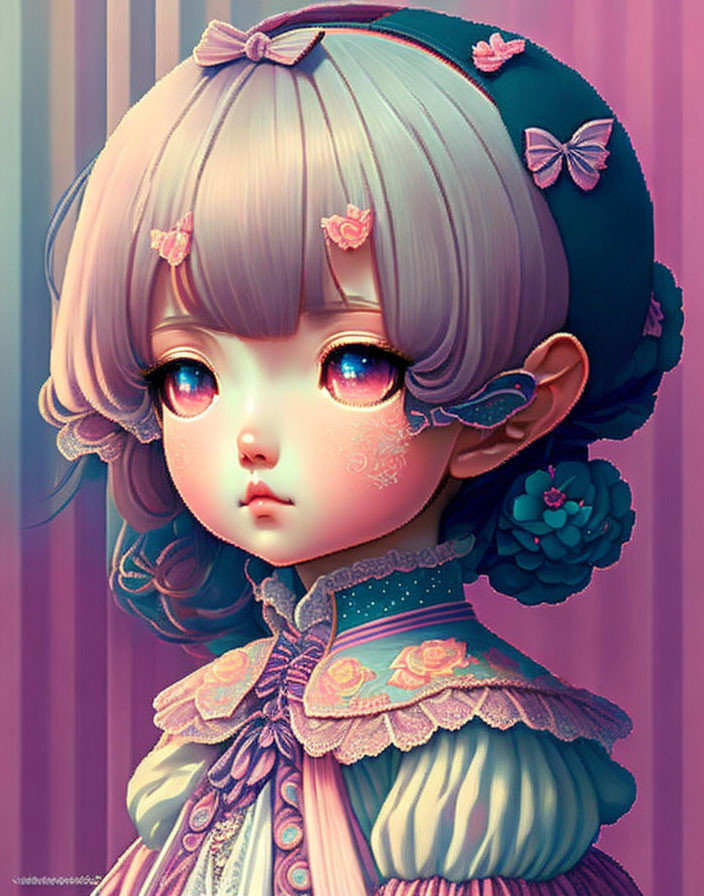 Stylized girl illustration with large expressive eyes and pink bows