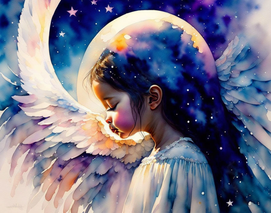 Young girl with angel wings in ethereal glow against starry background