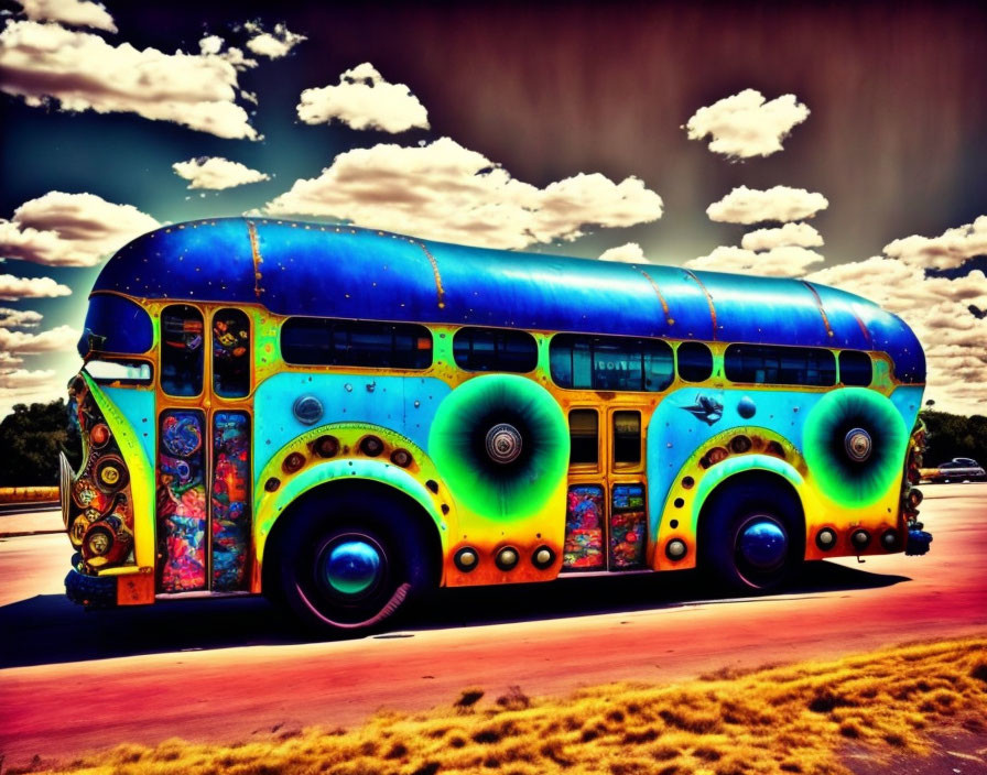 Colorful Psychedelic Bus Painting Driving on Open Road