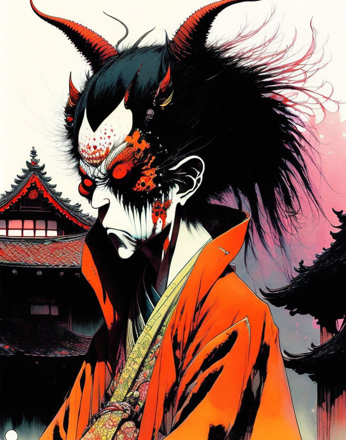 Illustrated demon in orange kimono with horns and sharp teeth against Japanese architecture