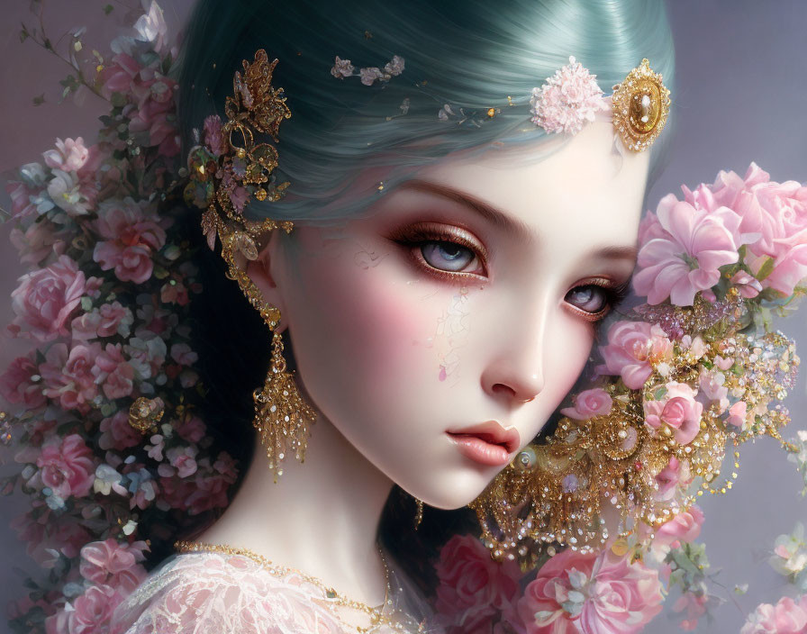 Young woman with turquoise hair and gold jewelry among pink blossoms.