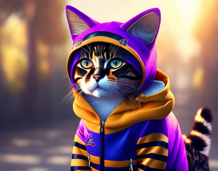 Anthropomorphic cat in purple and yellow jacket with forest background