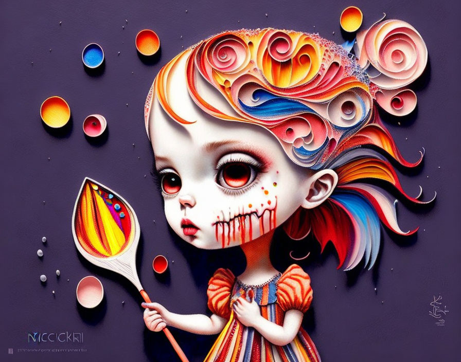 Colorful illustration of big-eyed girl with wavy hair and paintbrush, surrounded by orbs