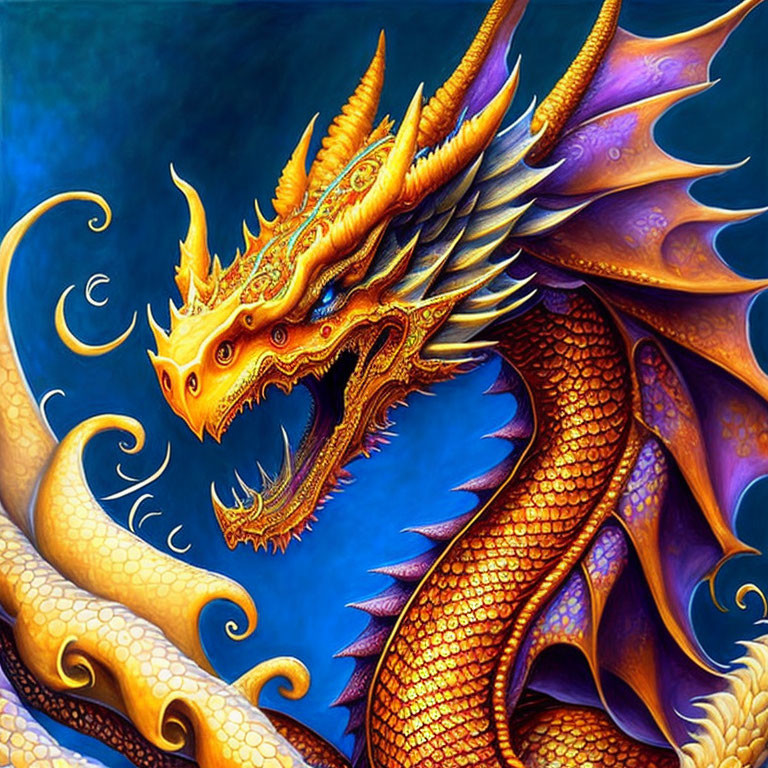 Golden Dragon with Intricate Scales and Horns on Blue Background