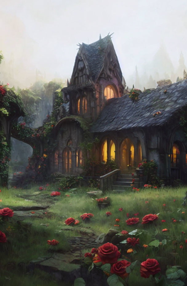 Thatched roof cottage in lush forest with red roses and moss-covered stones