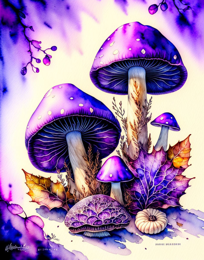 Colorful autumn scene with purple mushrooms, leaves, and pumpkin on watercolor backdrop