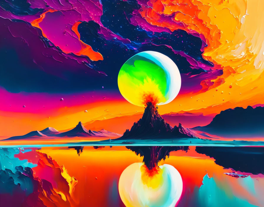 Surreal landscape digital art: volcano, colorful sky, glowing planet