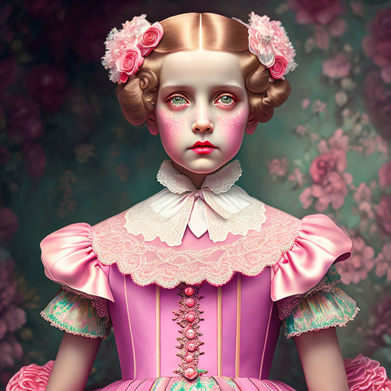 Victorian-style girl with pink skin, green eyes, roses in hair, frilly pink dress,