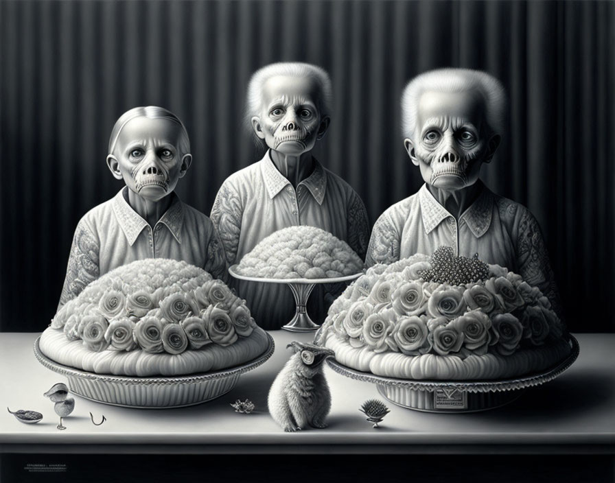 Surreal vintage-dressed figures with simian features and ornate pies, bird and penguin