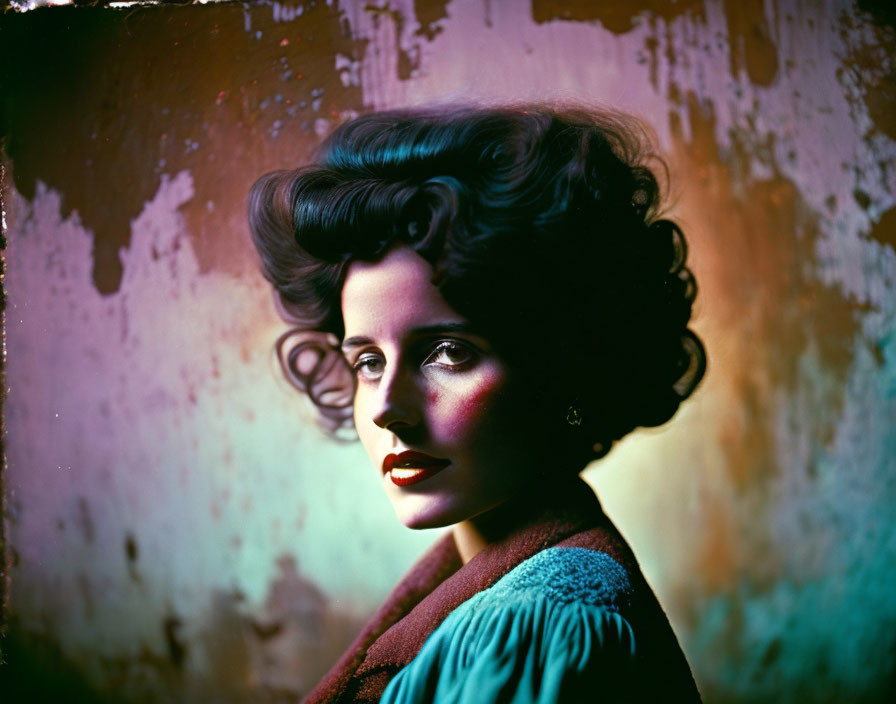 Vintage Hairstyle Woman with Colorful Lighting and Textured Backdrop