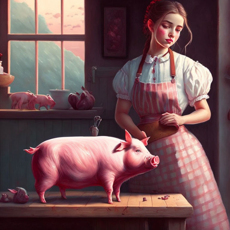 Vintage apron woman with pink pig on wooden table in cozy setting