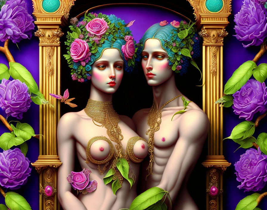 Classical frame with twin female figures in floral headdresses on vibrant purple backdrop