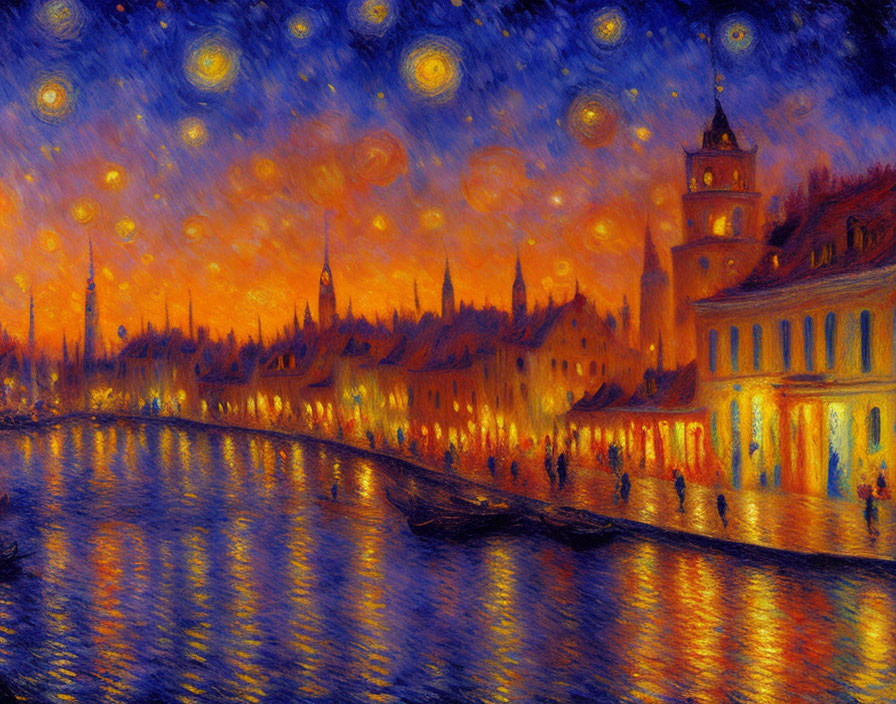 Starry Night Impressionist Painting with Town Reflections