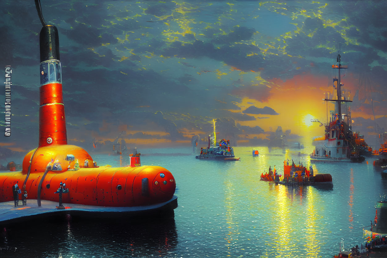 Colorful sunset scene with red submarine in busy harbor among ships