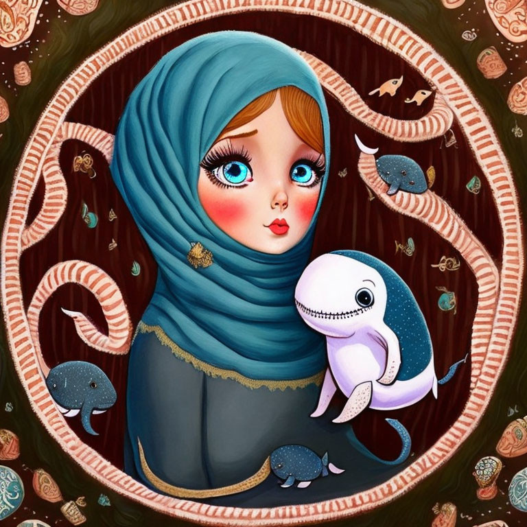 Illustration of girl in blue hijab with large eyes holding smiling whale toy on brown backdrop