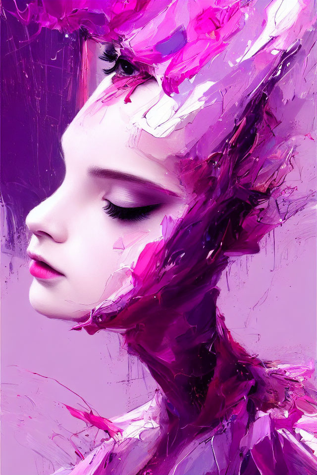 Digital art effect: Woman's profile shattering into pink and purple fragments