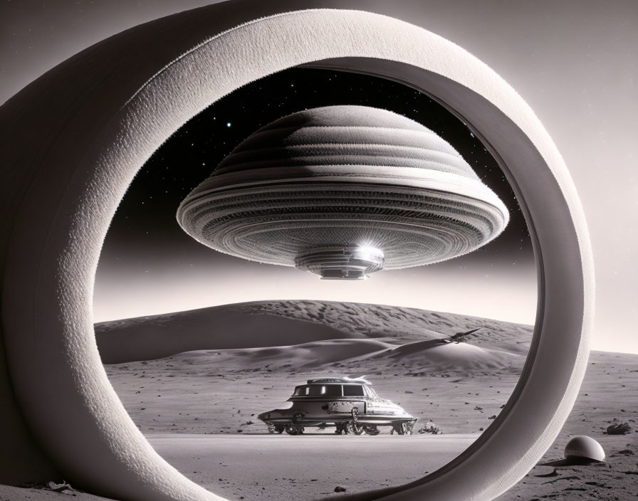 Classic car in futuristic desert with ring structure, UFO, and Saturn-like planet