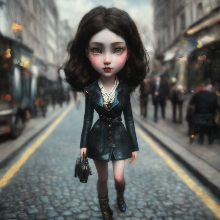 Illustration of doll-like character with large eyes in city setting