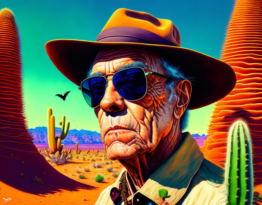 Elderly Man with Blue Sunglasses in Desert Scene