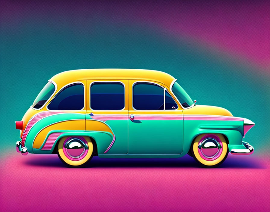 Colorful Retro Car with Turquoise Body and Yellow Roof on Pink and Green Background