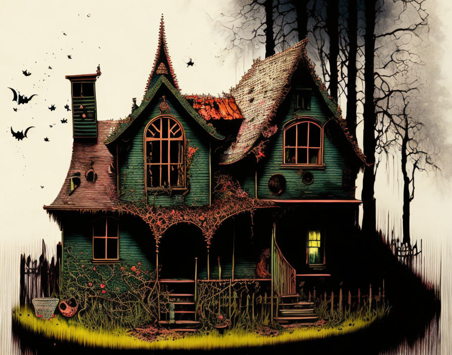 Victorian-style haunted house in eerie greenish setting