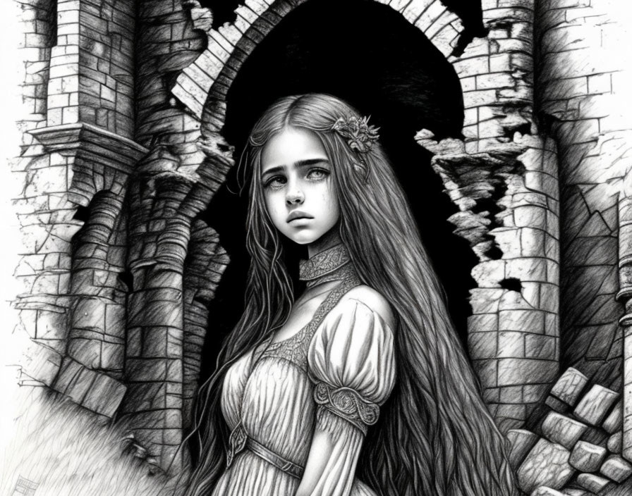 Monochrome illustration of young woman with flower in hair standing by gothic archway