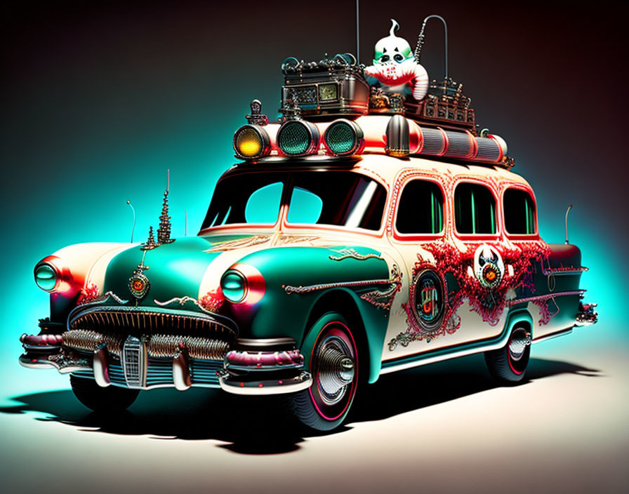 Colorful Vintage Car with Whimsical Gadgets and Ghostly Figure on Gradient Background