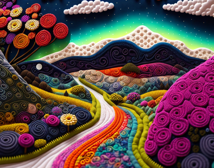 Textured landscape: Rolling hills, flowery patterns, starry sky quilt.