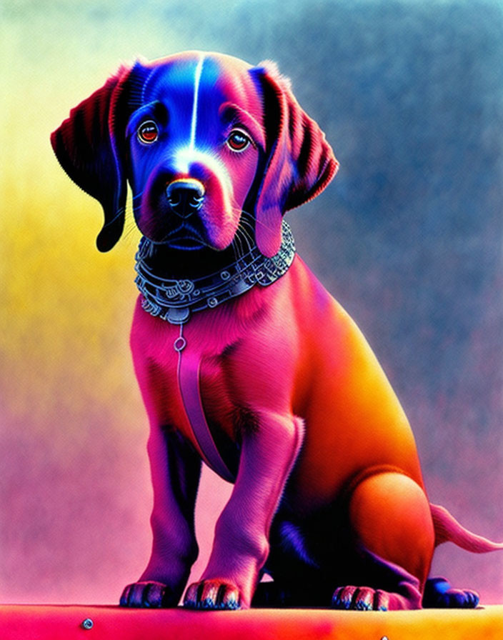 Colorful Vibrant Puppy Illustration with Shiny Collar on Gradient Background