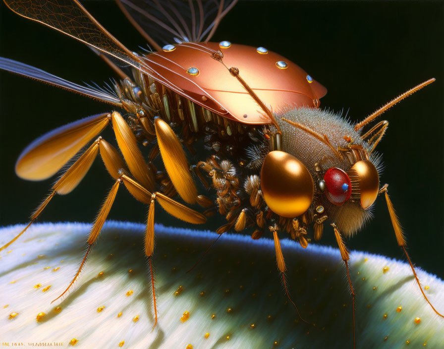 Detailed close-up of a fly with water droplets, showcasing compound eyes, wings, and fine hair