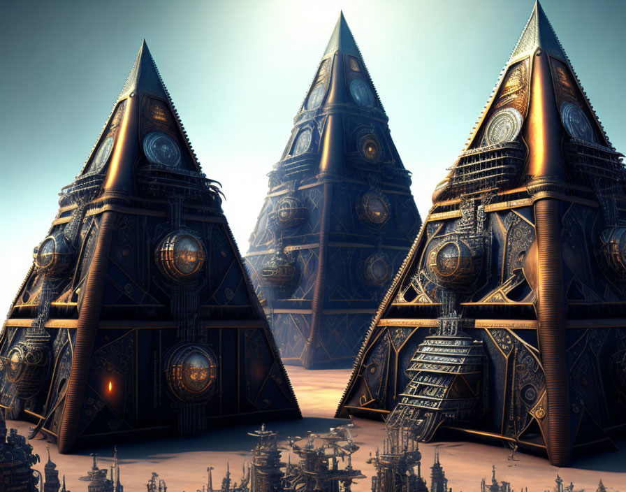 Intricate pyramid structures under blue sky