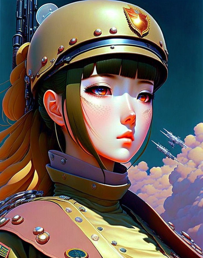 Female character in detailed military uniform with reflective surfaces and jets backdrop