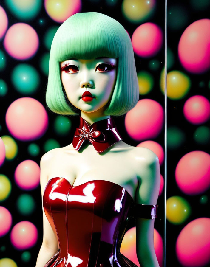 Stylized image of female figure with green bobbed hair and red lips