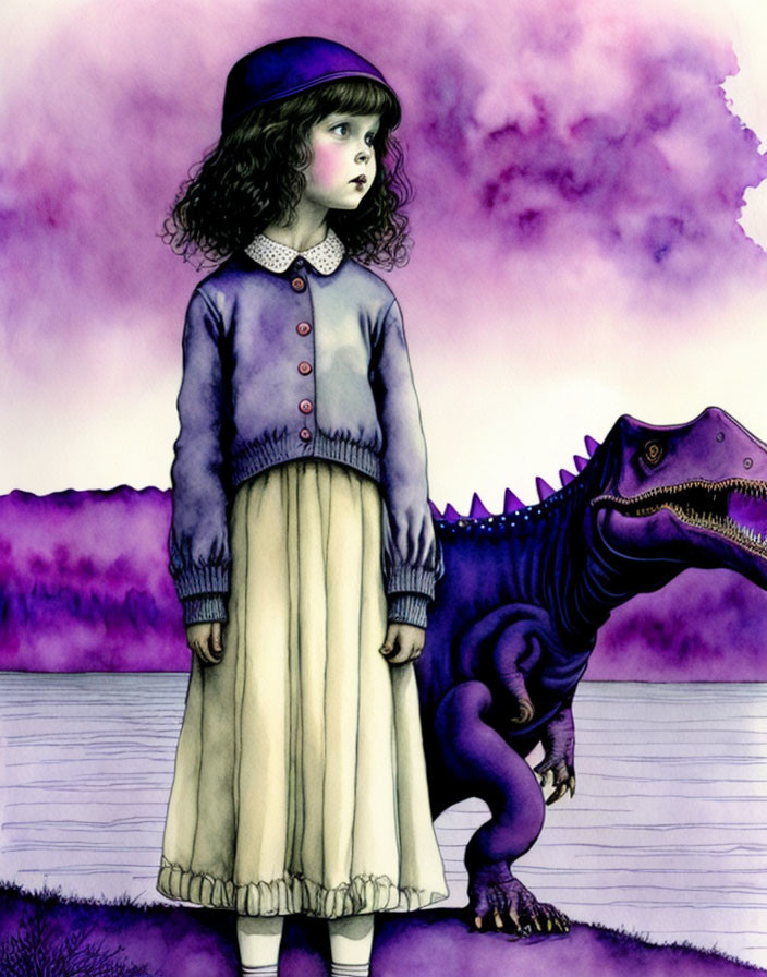 Young girl in vintage clothes with purple dinosaur under cloudy sky