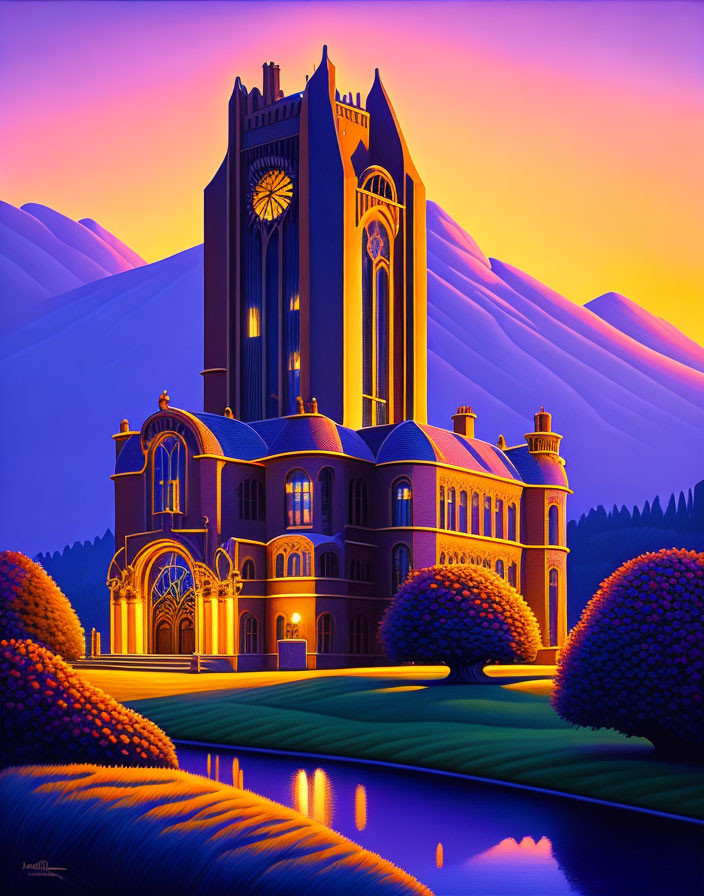 Colorful stylized illustration of grand neo-gothic building against purple mountains and orange sky