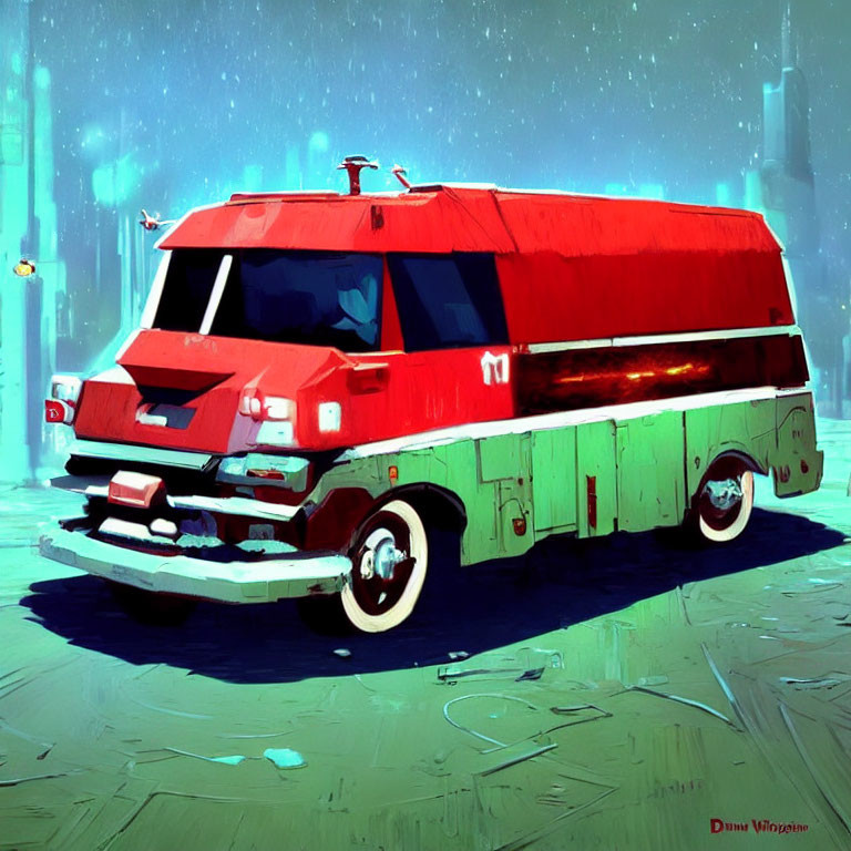 Stylized Red and Green Van with White-Wall Tires in Moody Blue Urban Setting