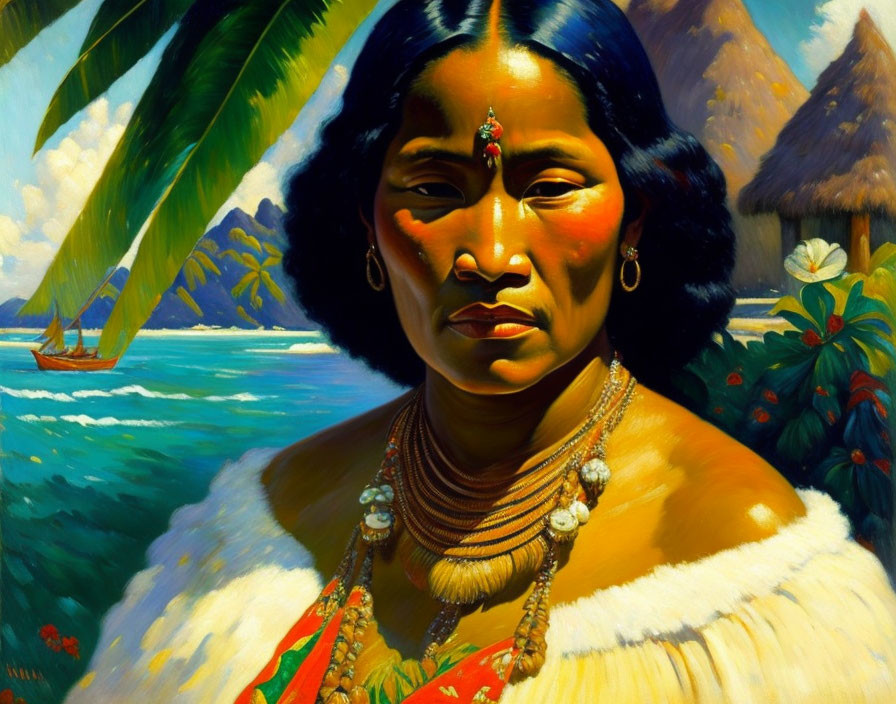 Woman in traditional jewelry on beach with palm trees, huts, and canoe