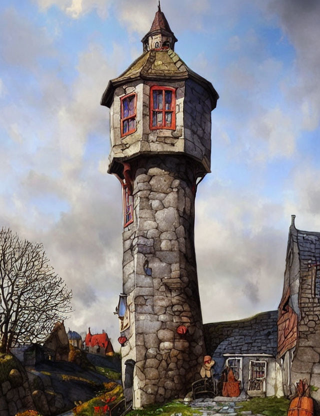 Stone tower with red-roofed turret and person, rural houses, cloudy sky