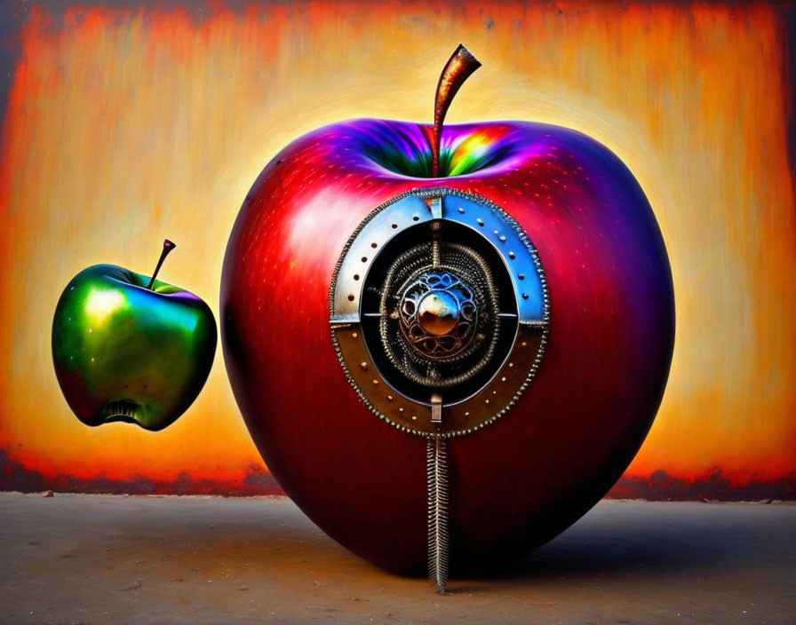 Surreal artwork: large apple with mechanical vault door, small floating apple, fiery orange backdrop