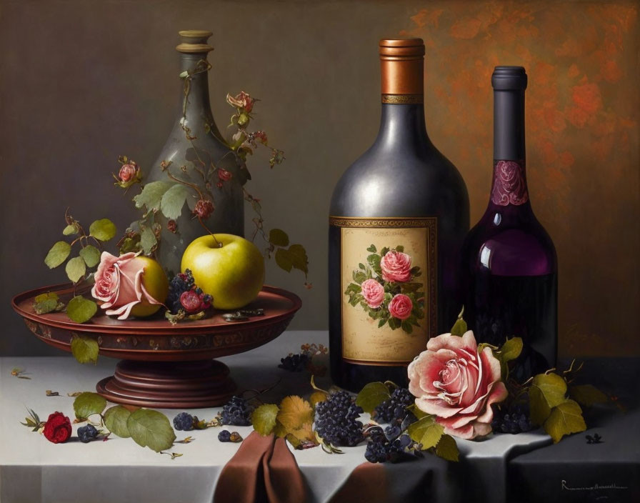 Still Life Painting: Wine Bottles, Apple, Grapes, Roses