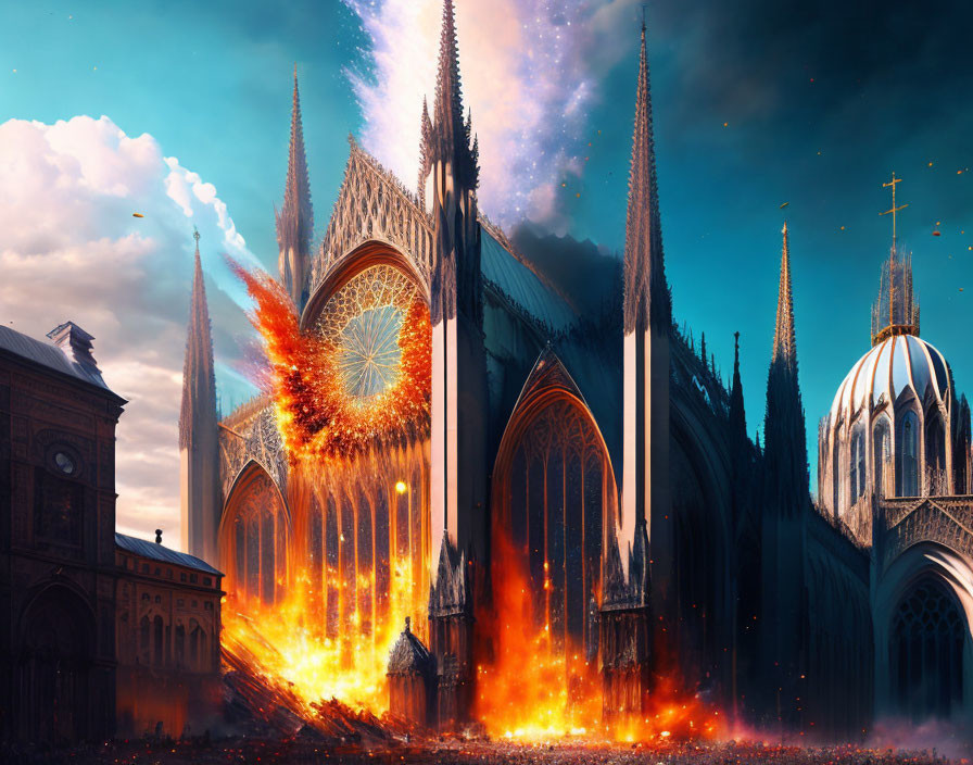 Gothic cathedral on fire with smoke against dramatic sky