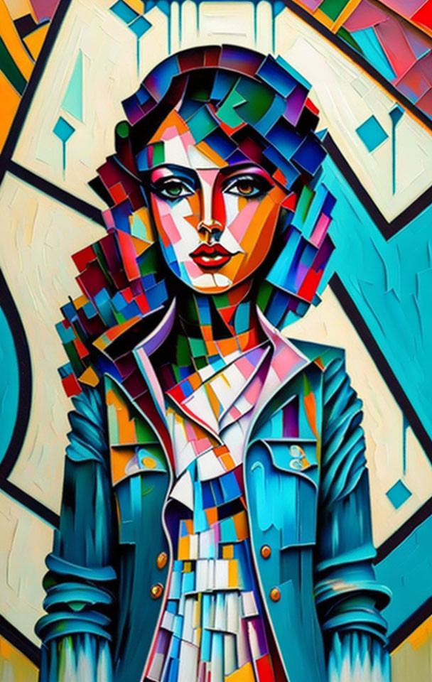 Geometric Cubist-style Portrait of Woman with Colorful Stylized Hair