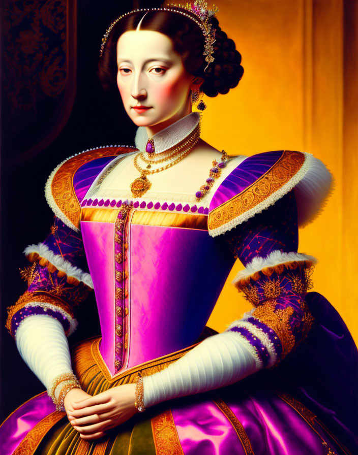 Vibrant purple Elizabethan dress with gold and pearl jewelry on a woman portrait