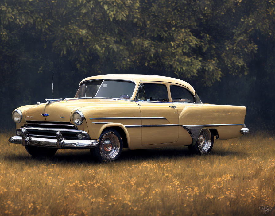 Vintage Yellow and White Chevrolet in Field with Tall Grass and Hazy Sky