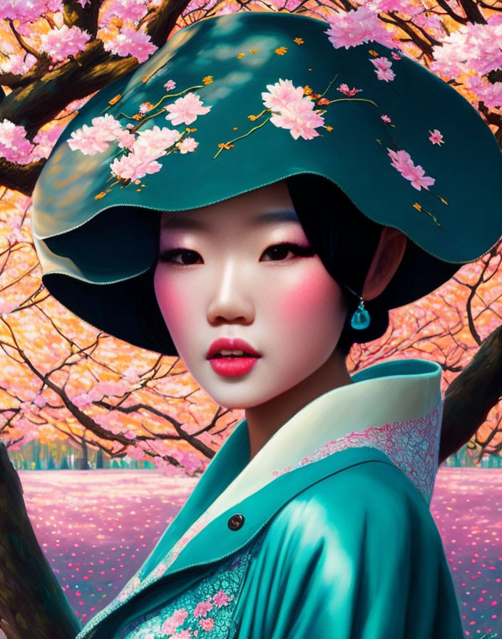 Portrait of person with pale skin in green hat & traditional attire against cherry blossom background