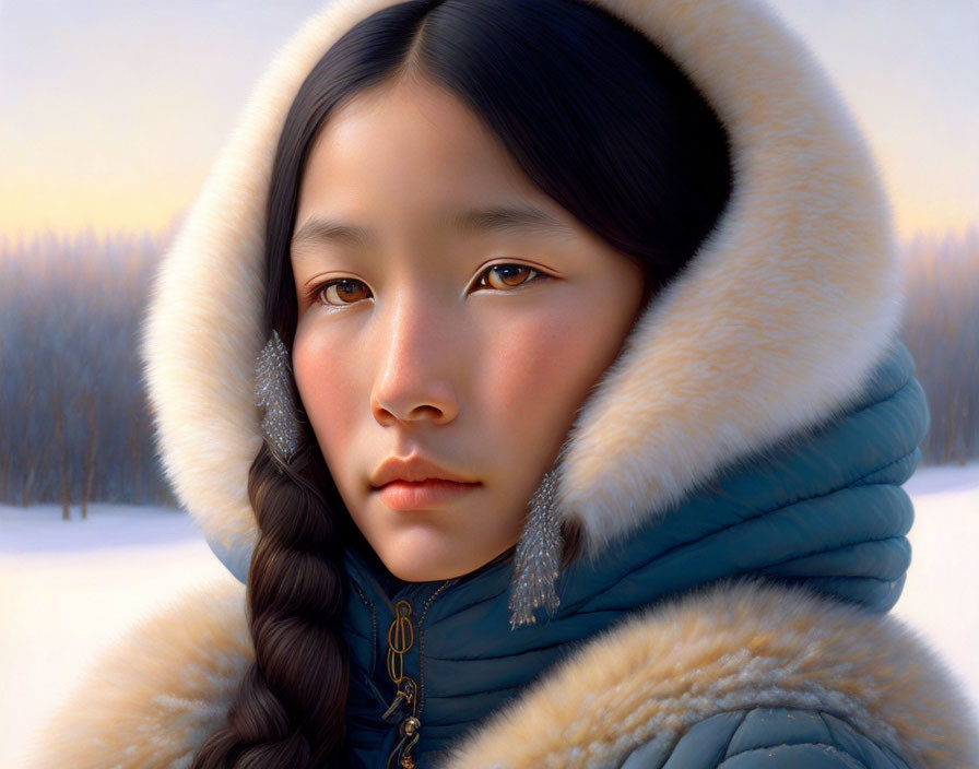 Girl with Braided Hair in Fur-Trimmed Hood Gazing Ahead