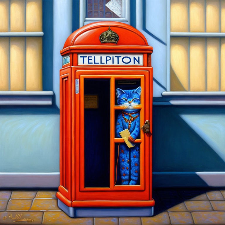 Blue anthropomorphic cat in robe inside red telephone booth with "TELLIPITON" signage