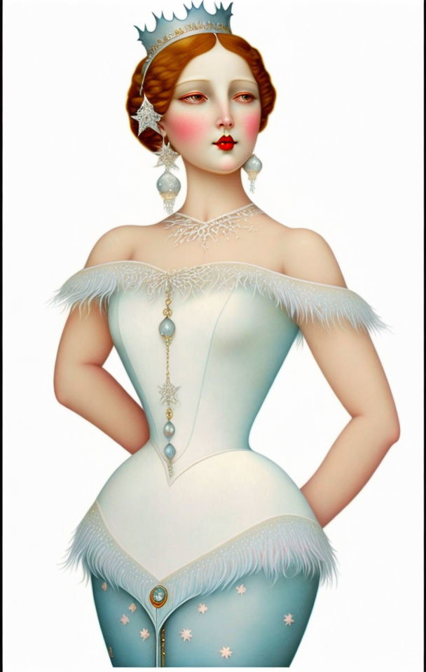 Pale-skinned woman in ornate white dress with feathers and gems, exuding elegance and fantasy