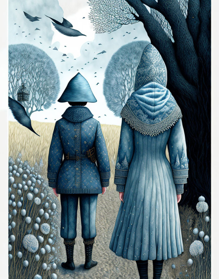 Two People in Triangular Headpieces in Surreal Landscape