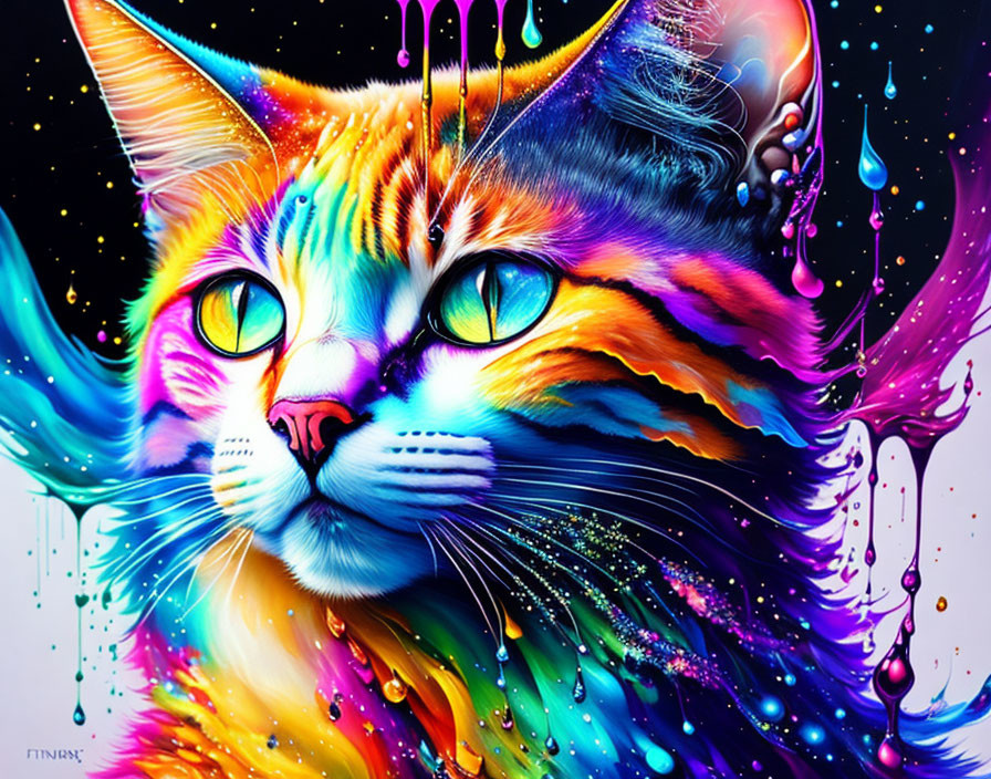 Colorful digital artwork of a cat with expressive eyes and dripping paint effects